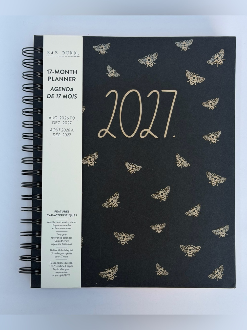 Rae Dunn 2027 Bees Large Size Hard Cover Spiral 17-month Planner (Kraft/Black)